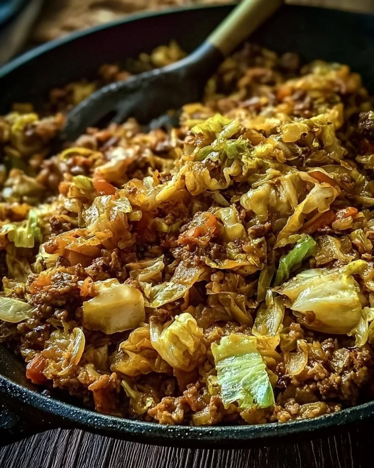 Ground beef and cabbage skillet dish prepared in a frying pan