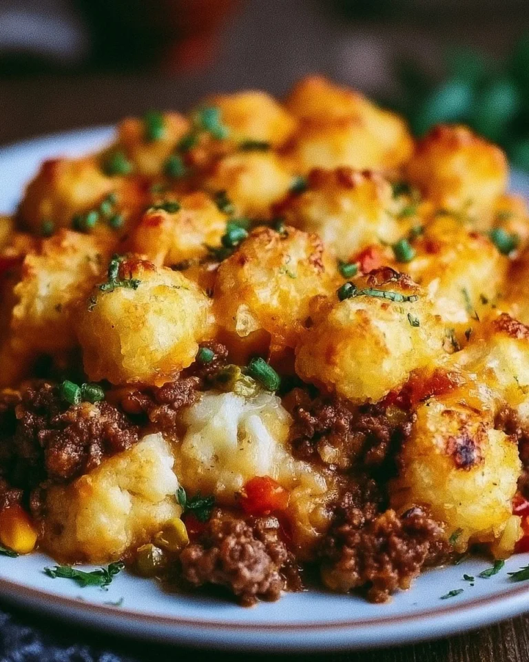 Ground Beef Tater Tot Casserole with melted cheese and crispy tater tots