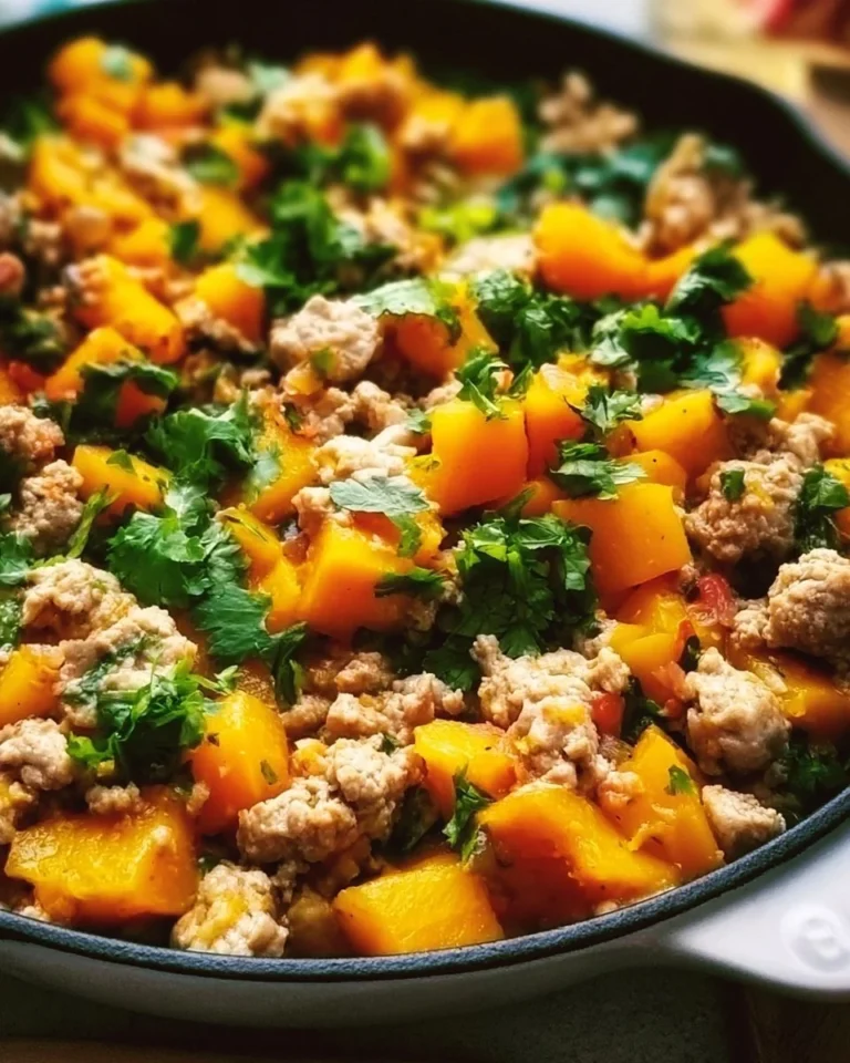 Ground turkey skillet with roasted butternut squash and colorful veggies