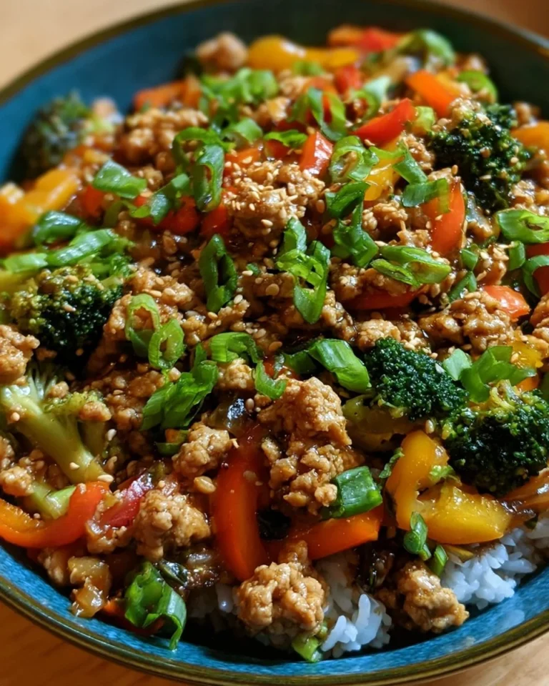 Ground turkey teriyaki stir-fry served in a bowl with vegetables