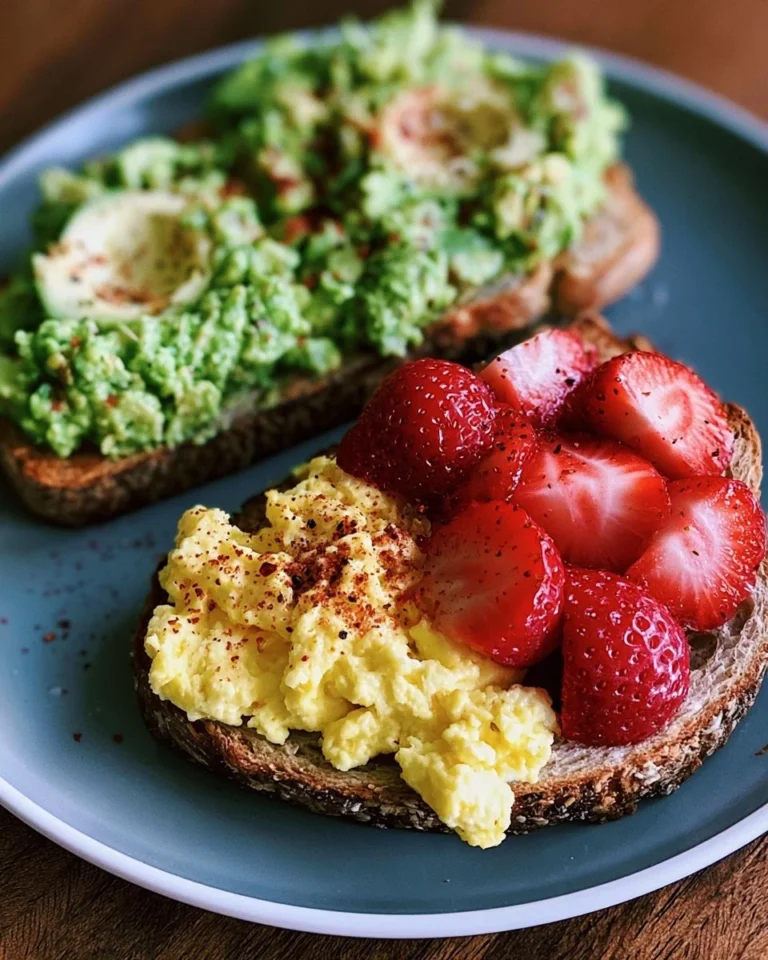 Healthy breakfast ideas featuring scrambled eggs, strawberries, and avocado toast.