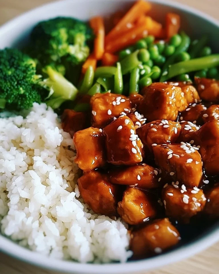 Healthy sesame chicken dinner served with vegetables on a plate