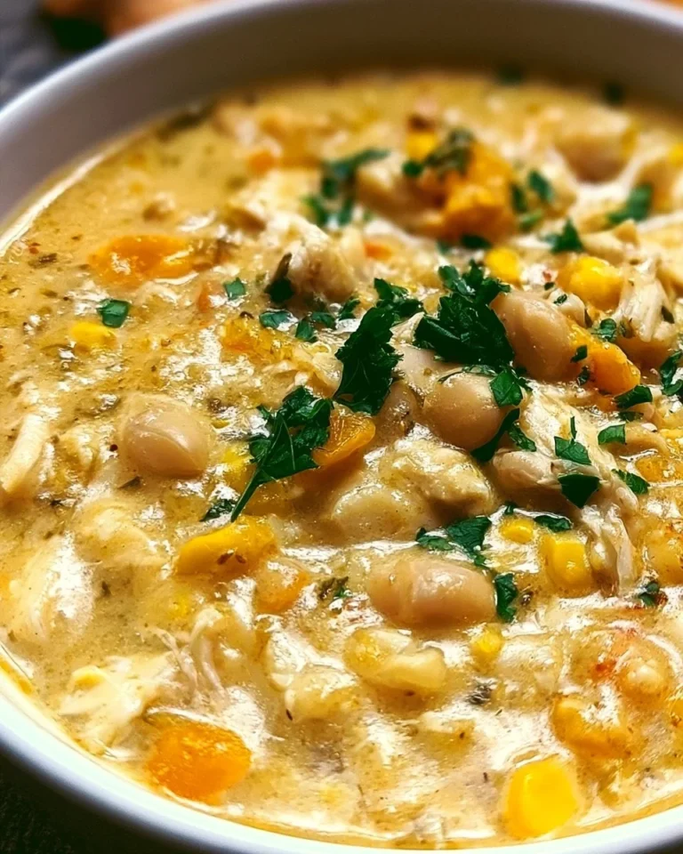 Bowl of healthy white chicken chili topped with cilantro and avocado.
