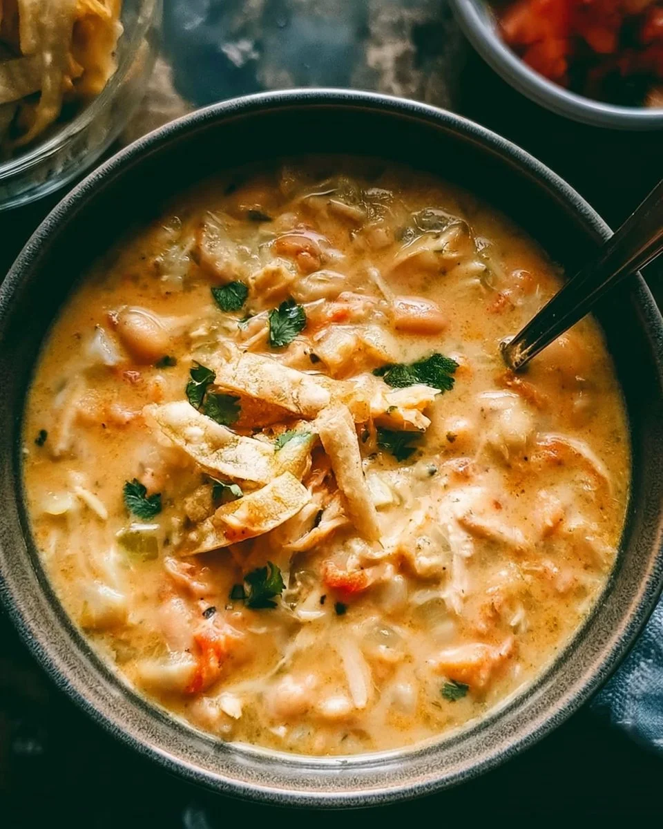 Bowl of high-protein white chicken chili topped with cilantro and lime.