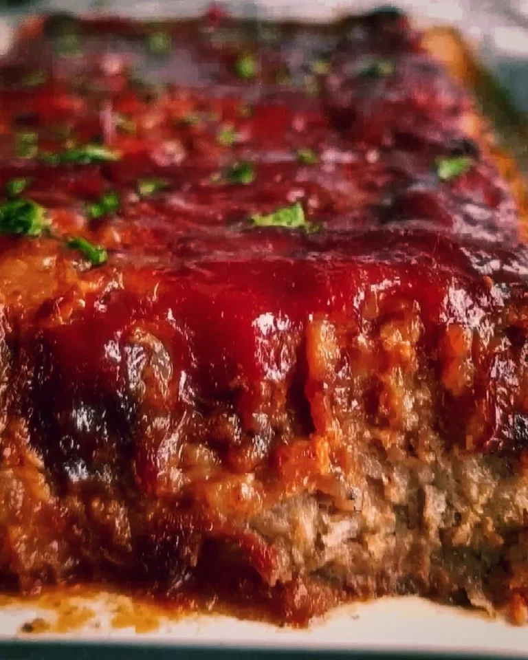 Delicious homemade meatloaf on a plate garnished with parsley.