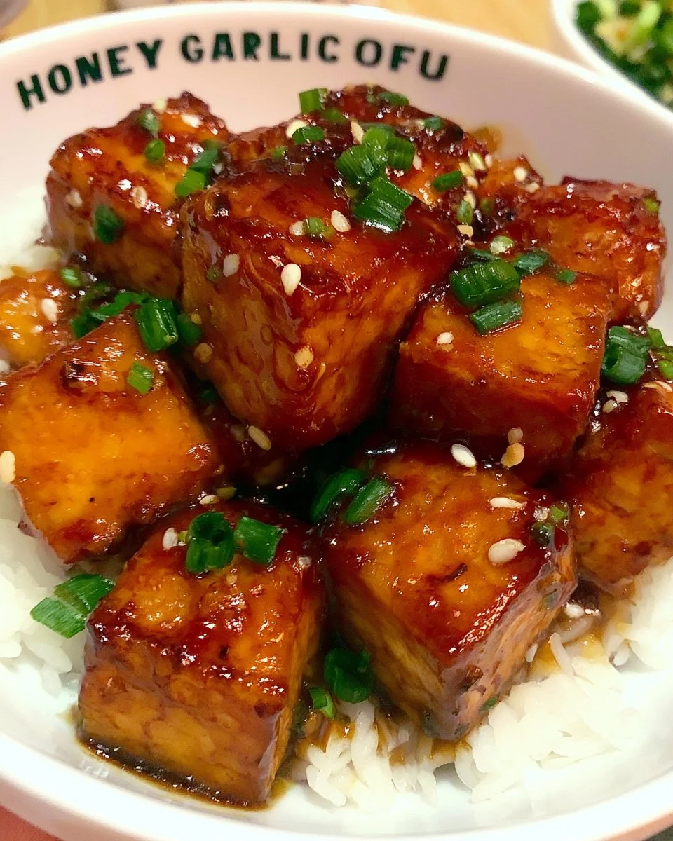 Honey Garlic Tofu served with rice and vegetables.