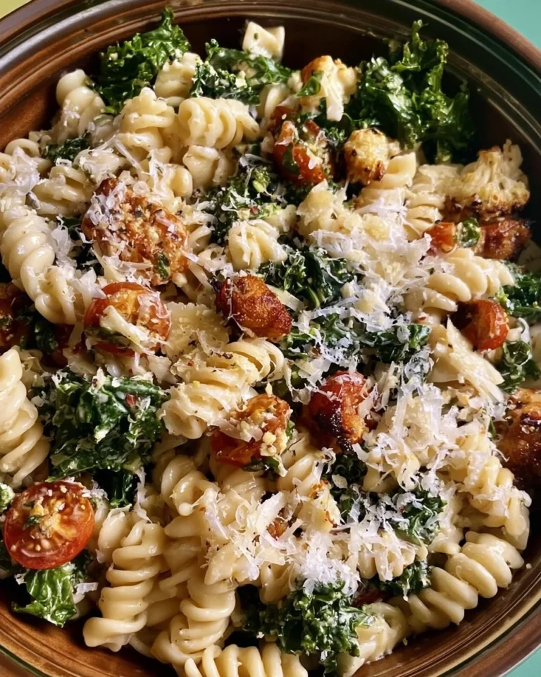 Bowl of Kale Caesar Pasta Salad with croutons and dressing