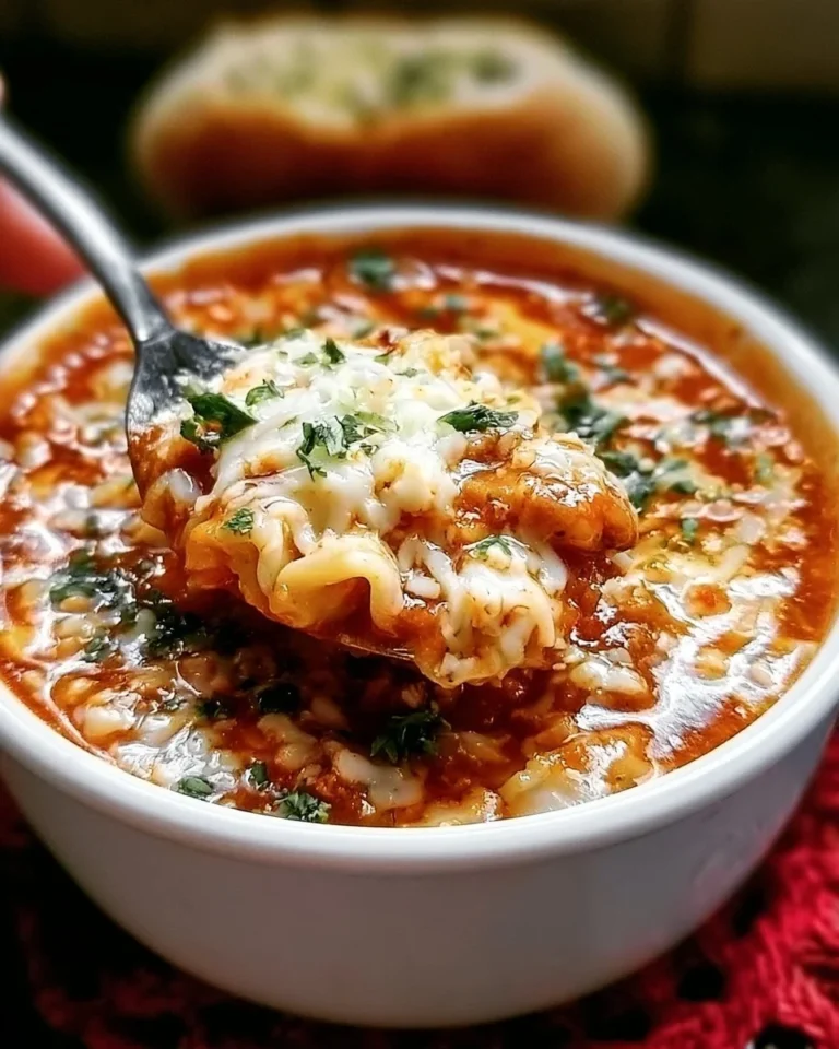 Bowl of hearty Lasagna Soup topped with cheese and fresh herbs