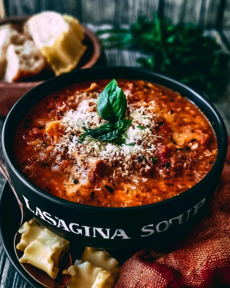 A bowl of delicious lasagna soup topped with cheese and herbs.