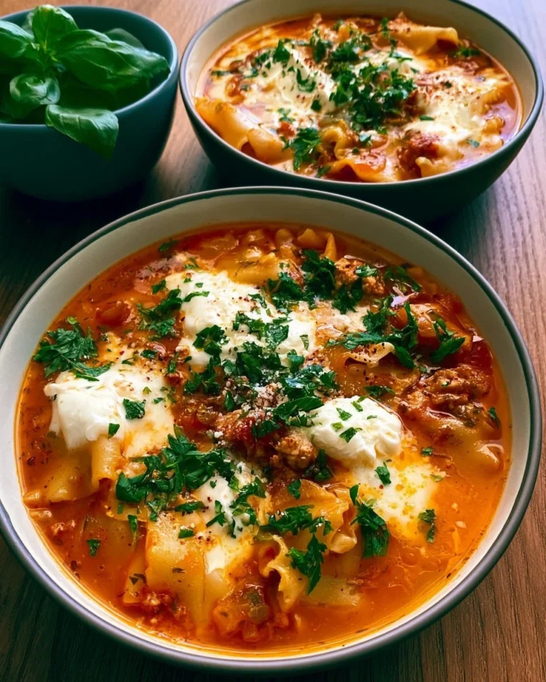 Delicious bowl of lasagna soup topped with cheese and herbs
