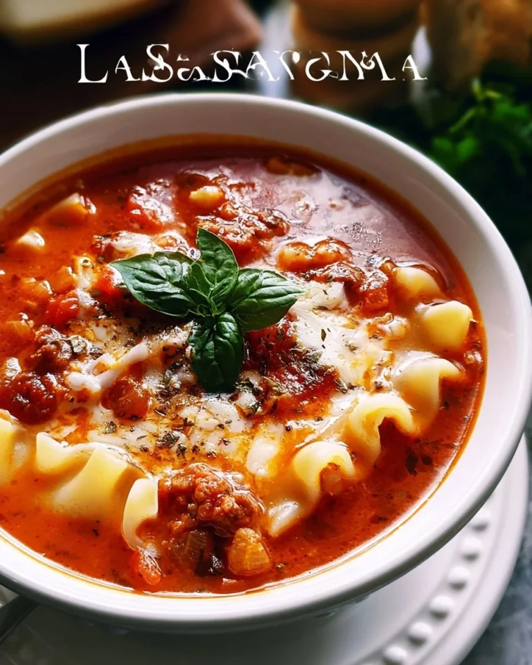 Bowl of lasagna soup topped with cheese and herbs