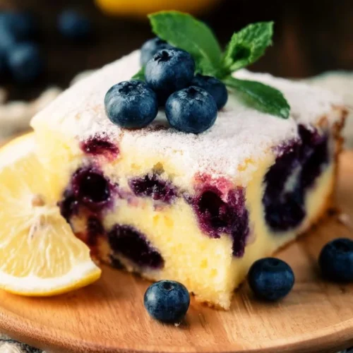 Freshly baked lemon blueberry cake topped with zesty frosting