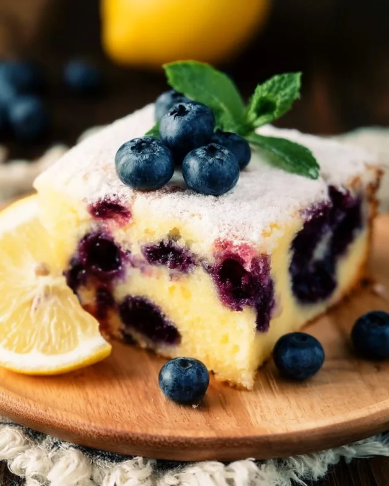 Freshly baked lemon blueberry cake topped with zesty frosting
