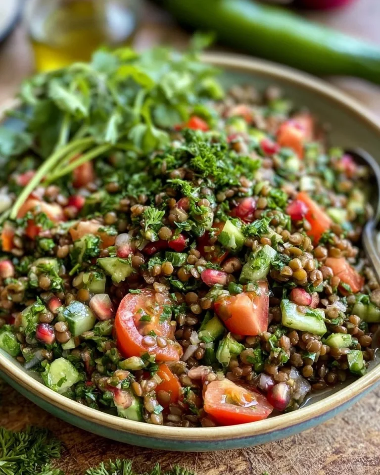 Colorful Lentil Tabbouleh salad with fresh vegetables and herbs