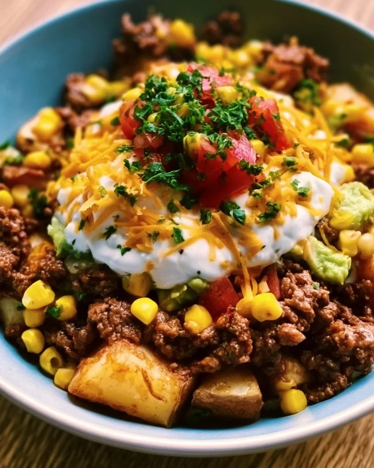 Loaded Potato Taco Bowl topped with fresh ingredients and garnishes
