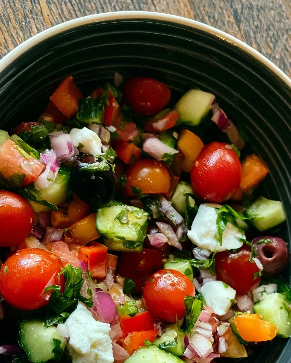 Colorful Mediterranean Diet Salad with fresh vegetables and olives
