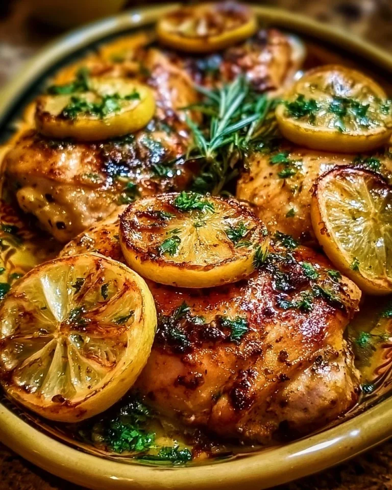 Mediterranean Lemon Chicken garnished with herbs and lemon slices on a plate.