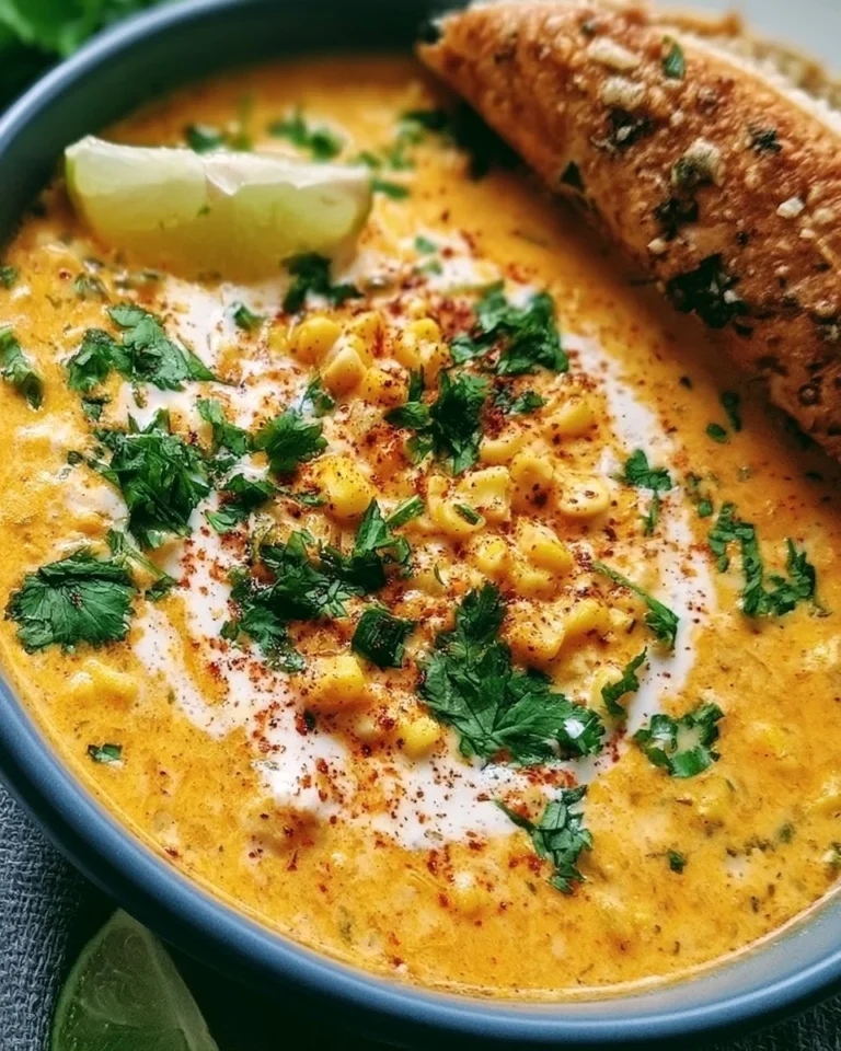 Bowl of Mexican street corn soup garnished with cilantro and lime