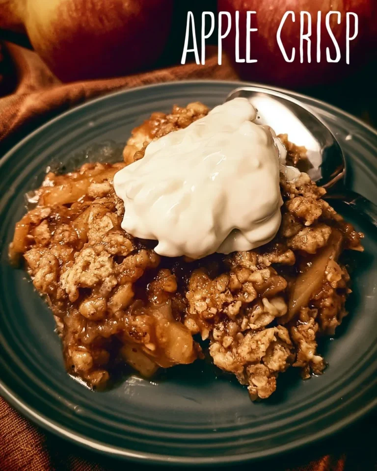 Delicious old-fashioned apple crisp topped with oats and cinnamon, served in a dish.
