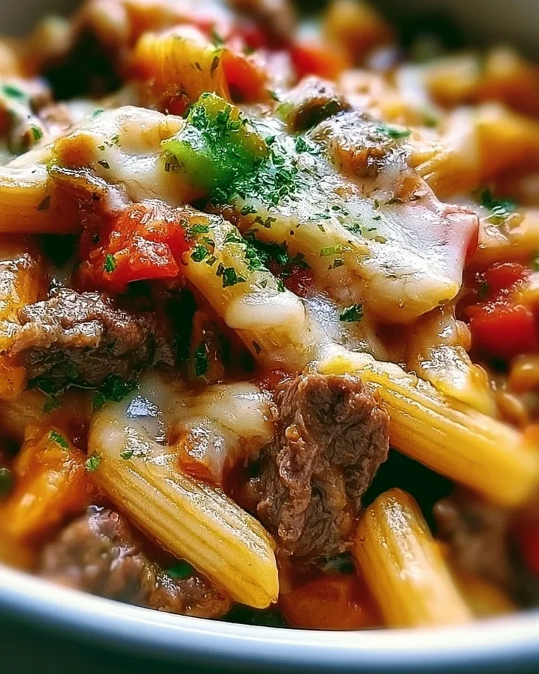Delicious Philly Cheese Steak Pasta dish with melted cheese and tender steak.