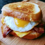 Delicious quick breakfast sandwich prepared with eggs, cheese, and bread.