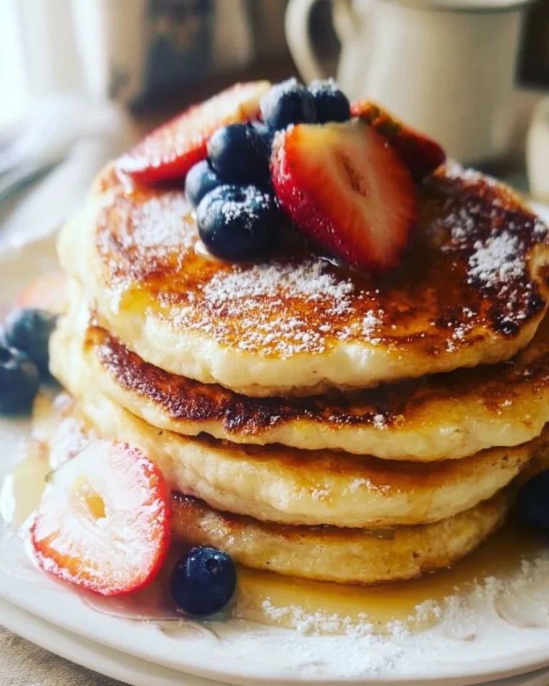 Delicious fluffy ricotta pancakes stacked with syrup and berries