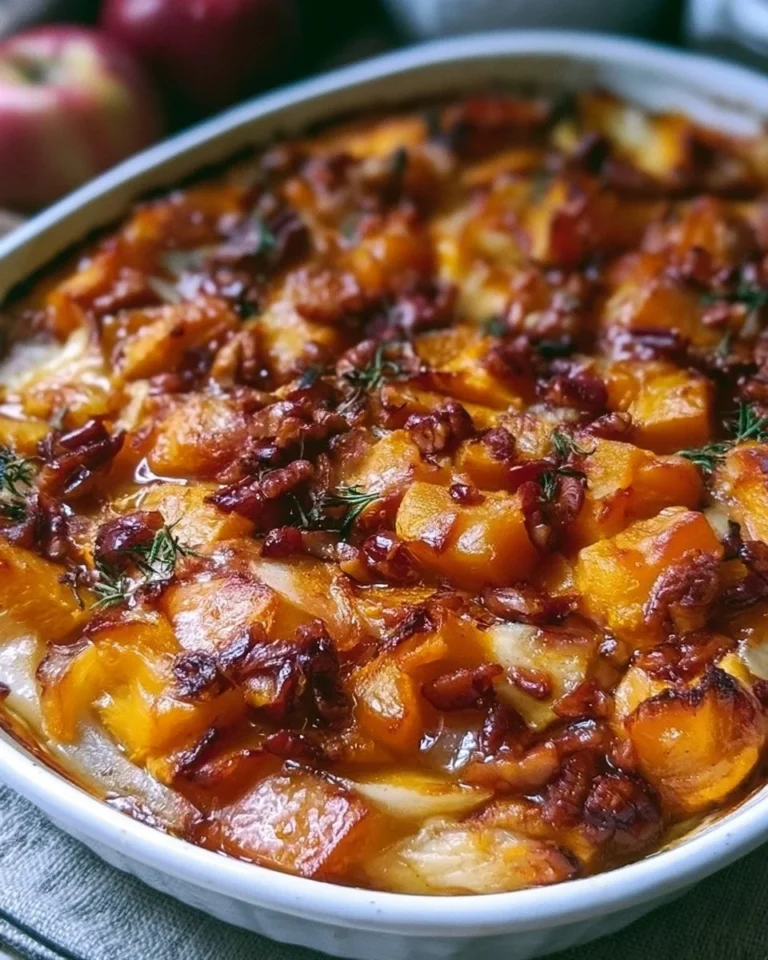 Roasted butternut squash and apple bake in a rustic dish