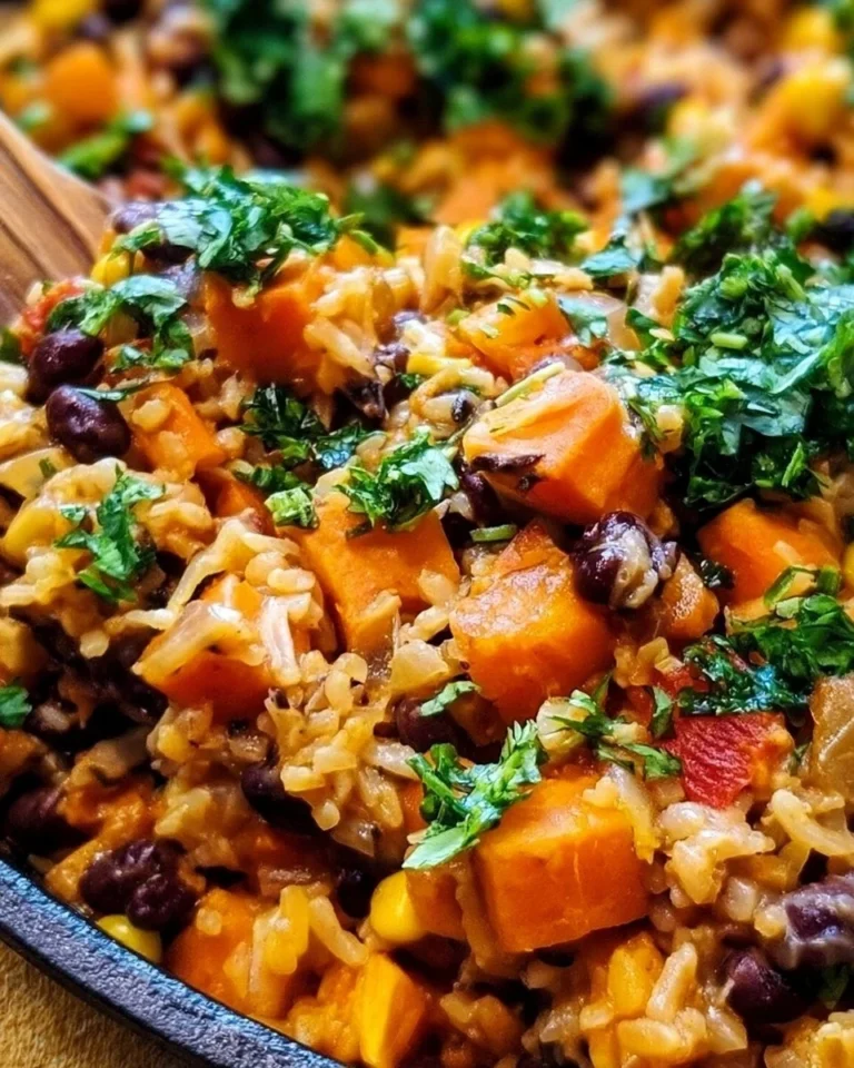 Southwest Sweet Potato, Black Bean and Rice Skillet topped with fresh cilantro