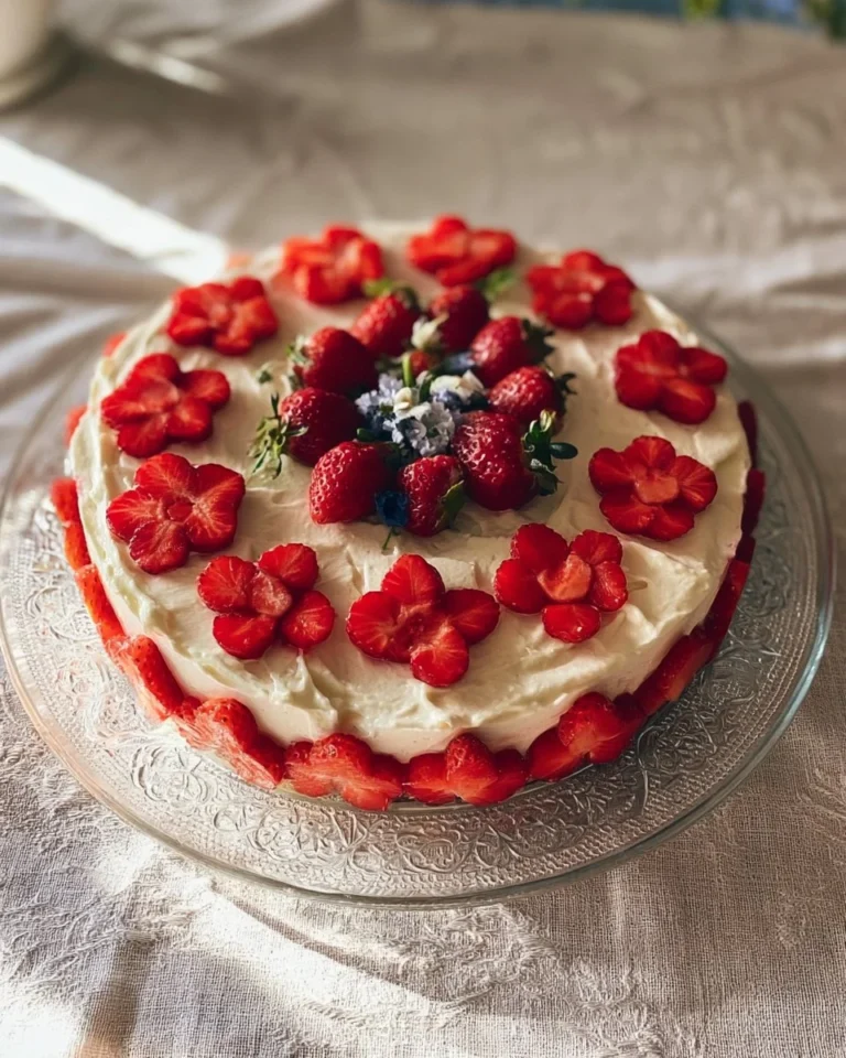 Delicious homemade strawberry cake topped with fresh strawberries and whipped cream.