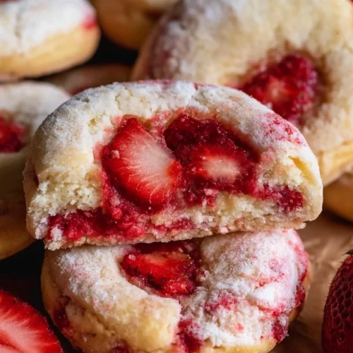 Delicious Strawberry Cheesecake Cookies on a plate, topped with fresh strawberries.