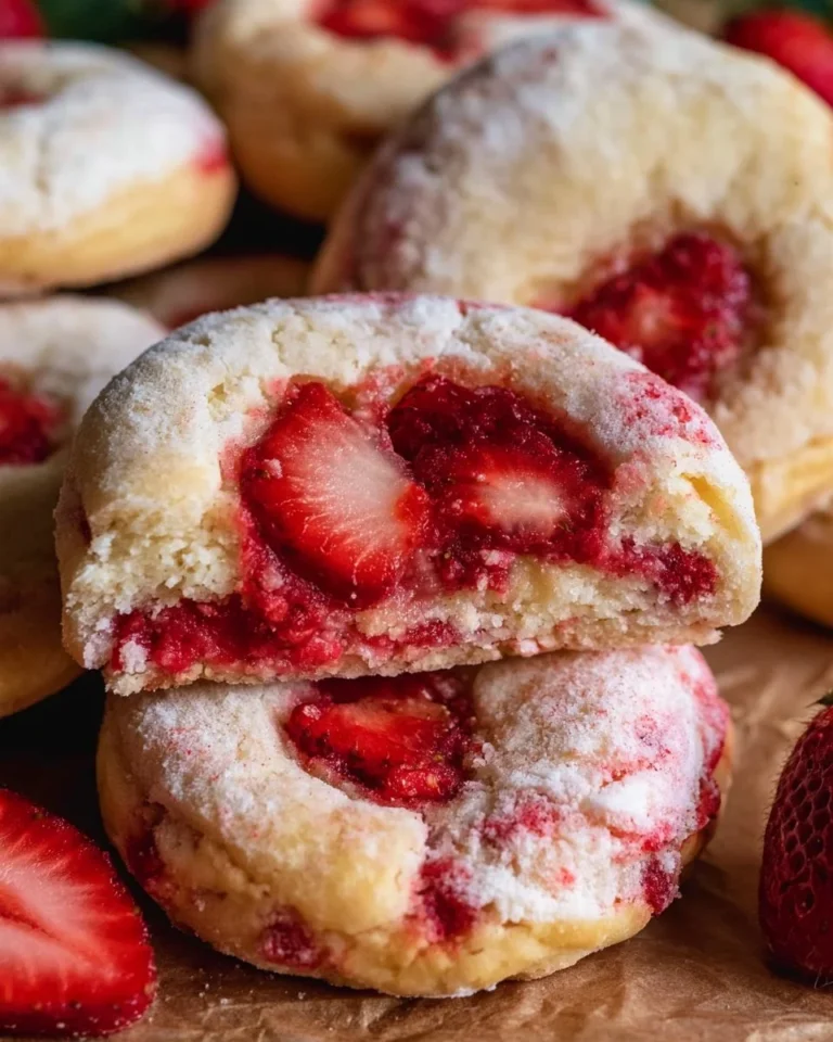 Delicious Strawberry Cheesecake Cookies on a plate, topped with fresh strawberries.