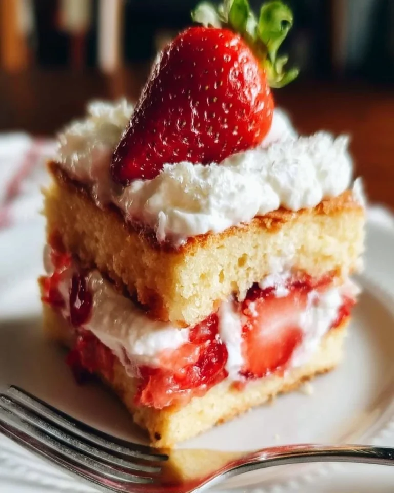 Delicious homemade Strawberry Shortcake topped with fresh strawberries and whipped cream