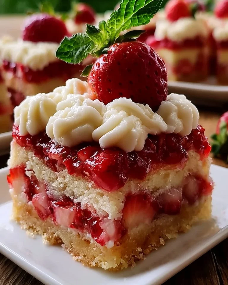 Delicious strawberry shortcake bars garnished with fresh strawberries and whipped cream.