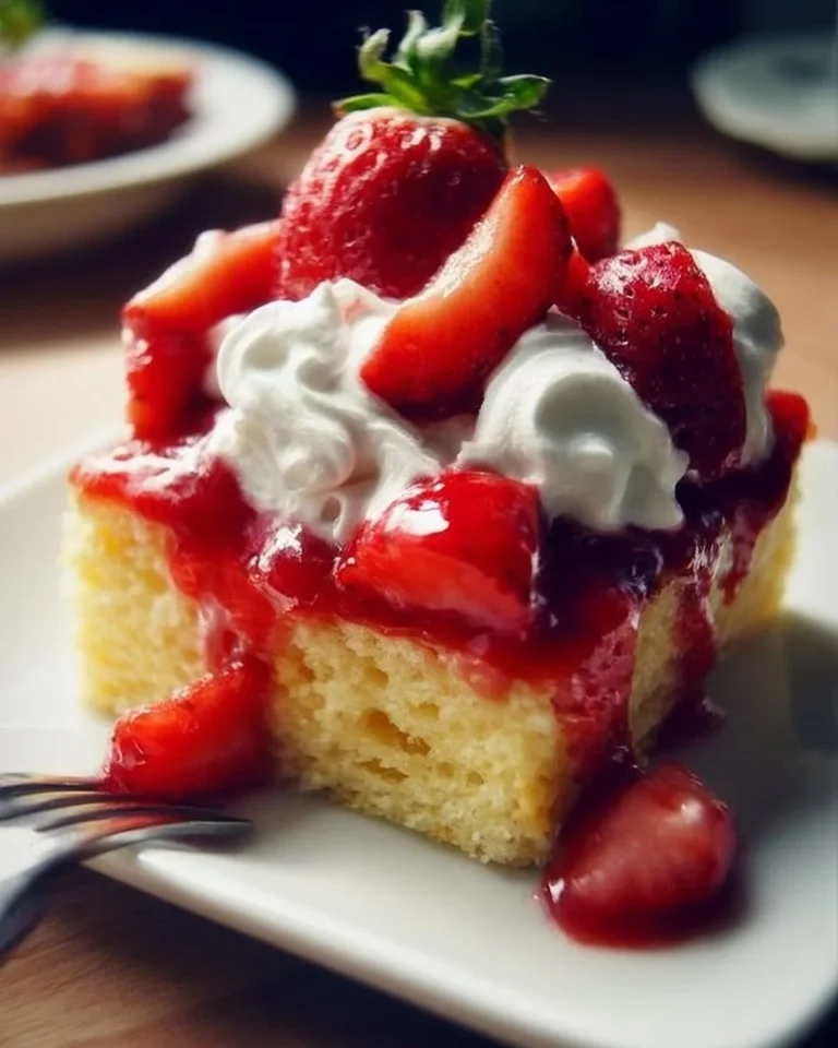 A delicious serving of classic Strawberry Shortcake with fresh strawberries and whipped cream.
