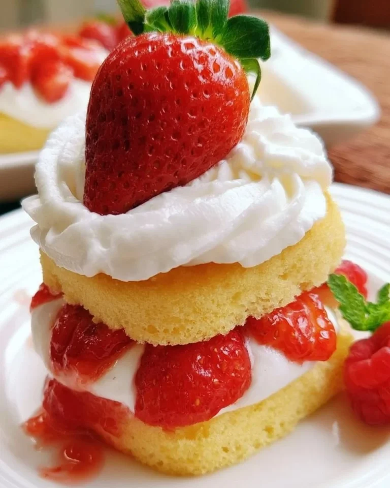Delicious classic strawberry shortcake topped with fresh strawberries and whipped cream.