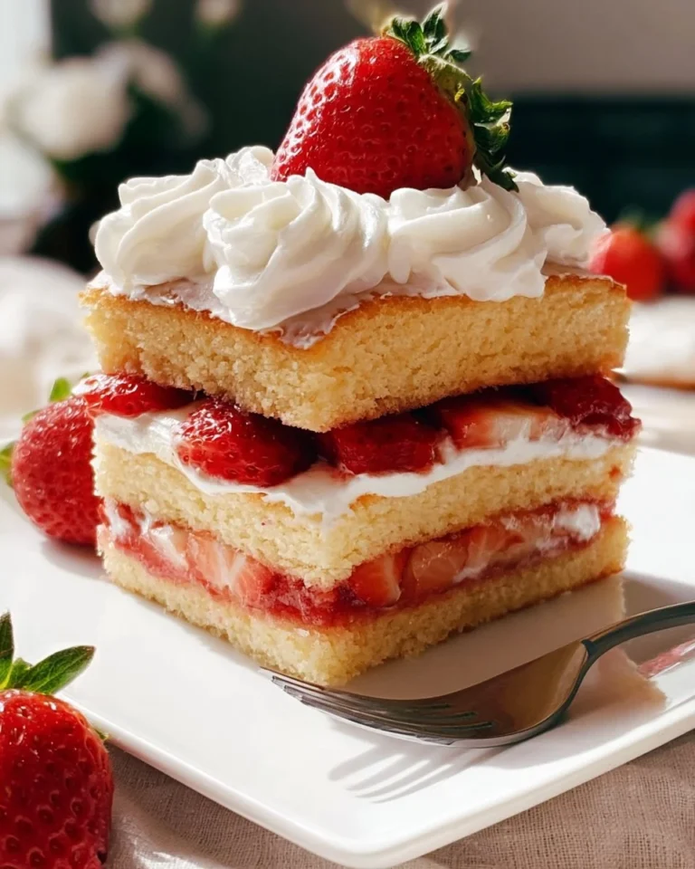 Delicious Strawberry Shortcake Layer Cake with fresh strawberries and whipped cream