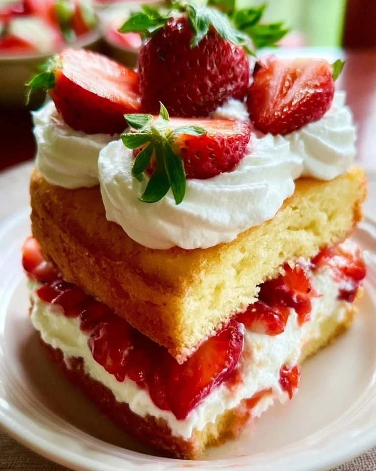 Delicious Strawberry Shortcake Layer Cake with strawberries and cream