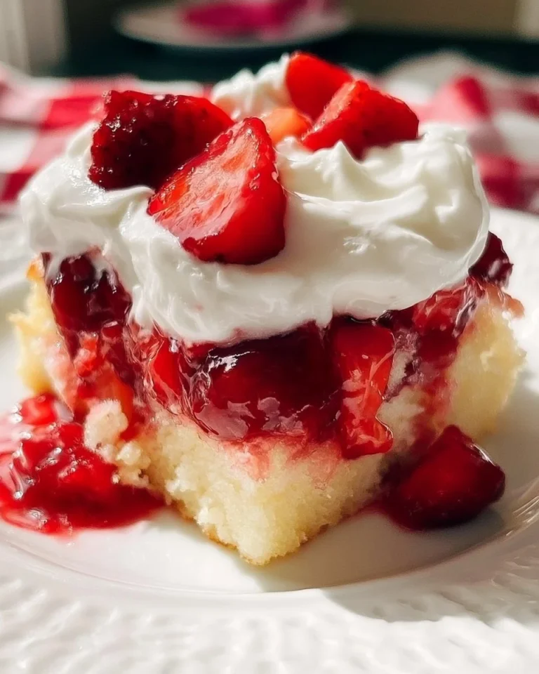 Strawberry Shortcake Poke Cake topped with fresh strawberries and cream