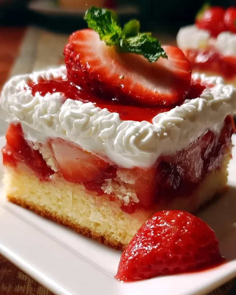 Delicious Strawberry Shortcake Sheet Cake served on a plate with fresh strawberries