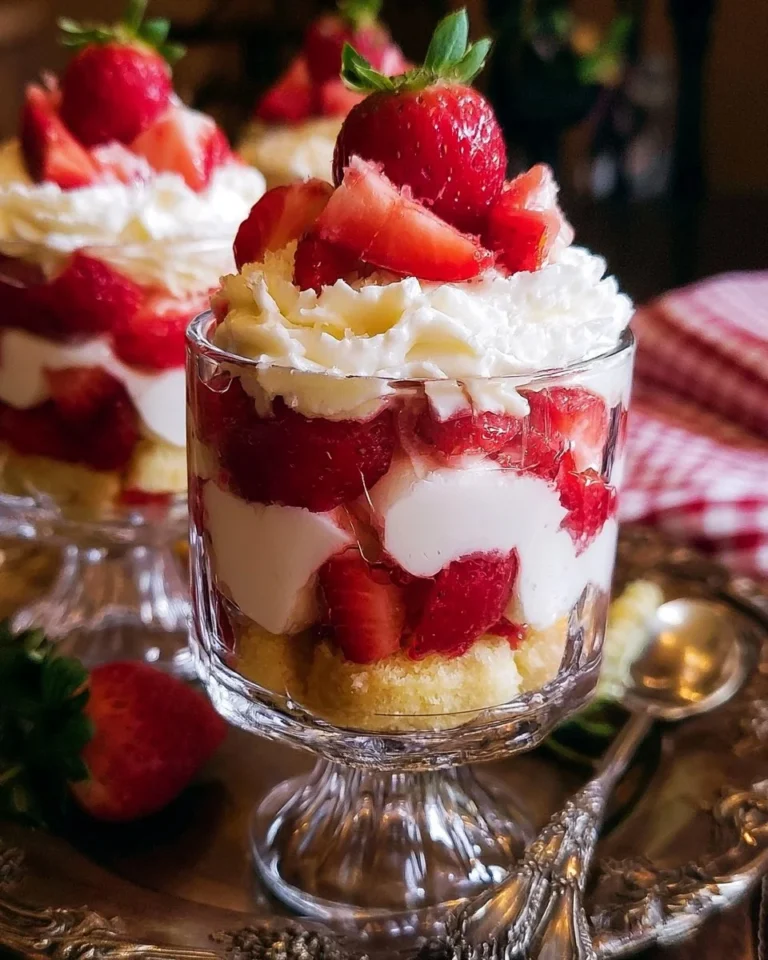 Delicious strawberry shortcake trifle with layers of strawberries and cream