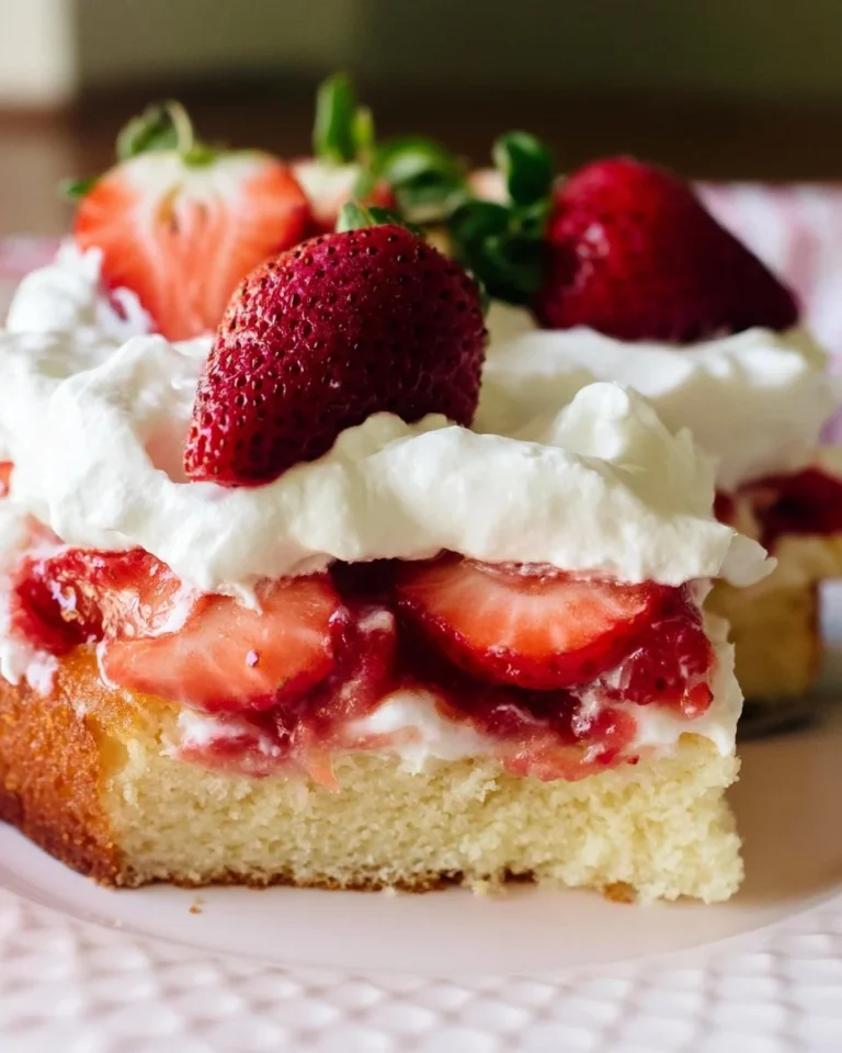 Delicious strawberry shortcake topped with whipped cream on a white plate