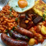 A traditional full English breakfast featuring eggs, bacon, sausages, and baked beans.