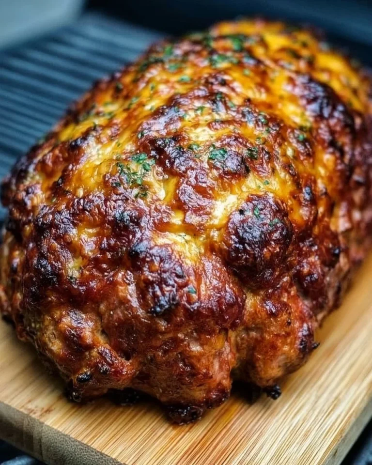 Delicious Traeger cheese meatloaf fresh from the grill, cheesy and flavorful