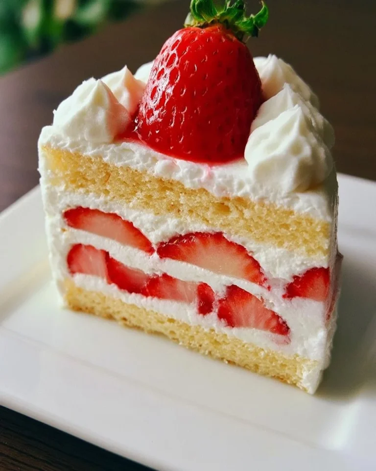 Vanilla cake topped with fresh strawberries, a delicious dessert option.