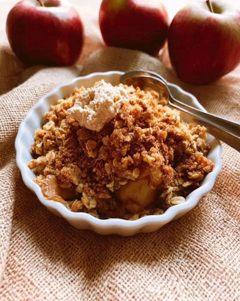 Delicious vegan apple crisp topped with brown sugar and oats