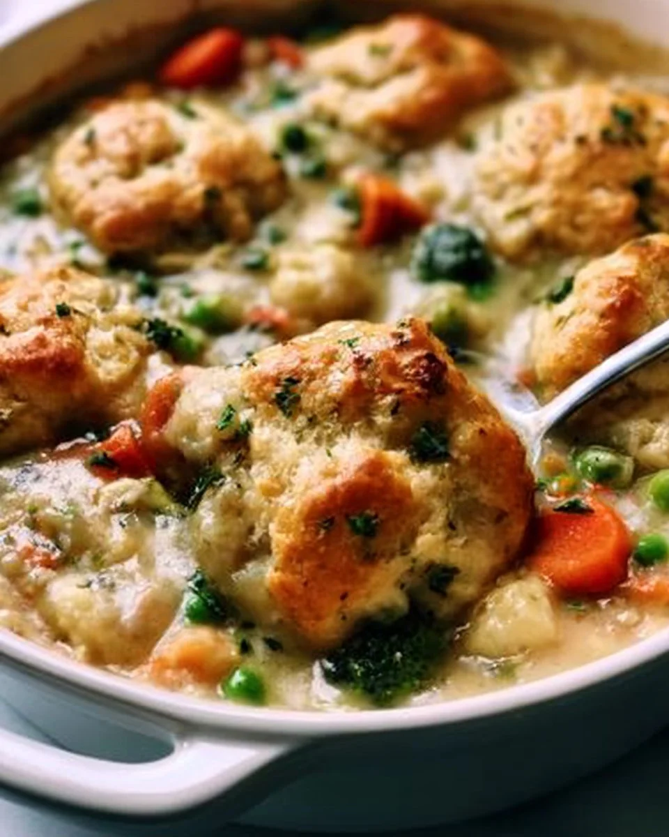 Delicious vegetarian biscuit pot pie fresh out of the oven, served in a rustic dish.