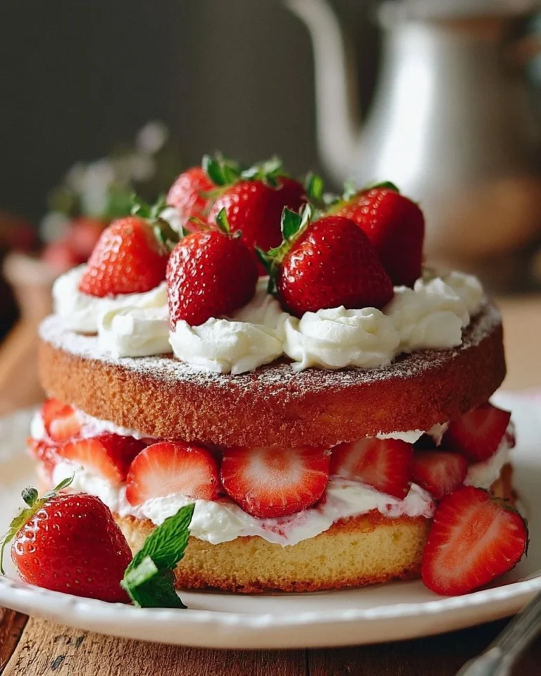 Victoria Sponge Cake with Strawberry Cream decorated with fresh strawberries
