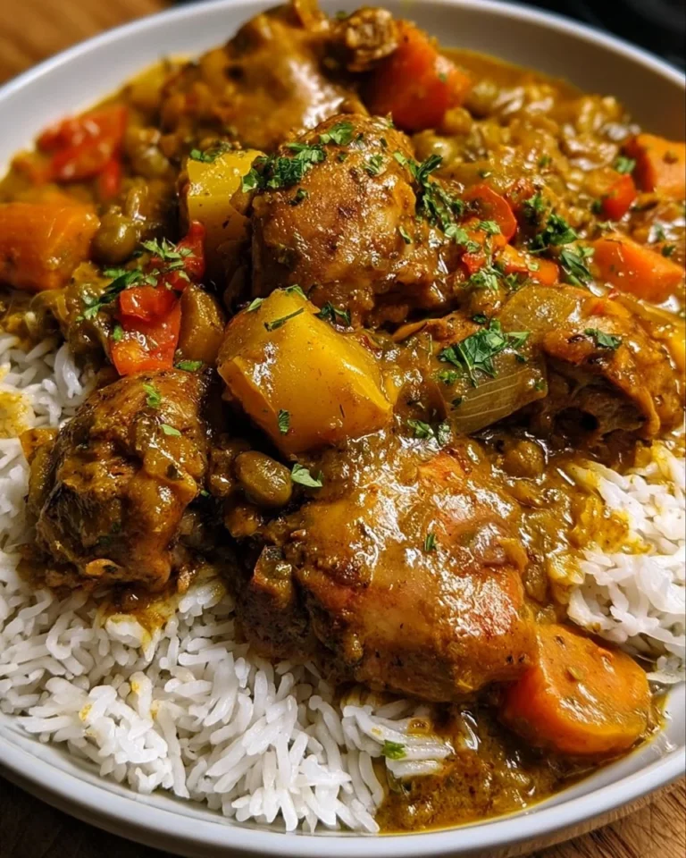 Delicious plate of authentic Jamaican curry chicken garnished with fresh herbs.
