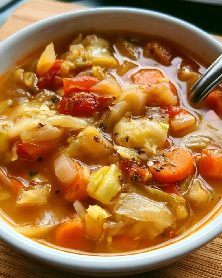 Healthy cabbage soup in a bowl with fresh vegetables.
