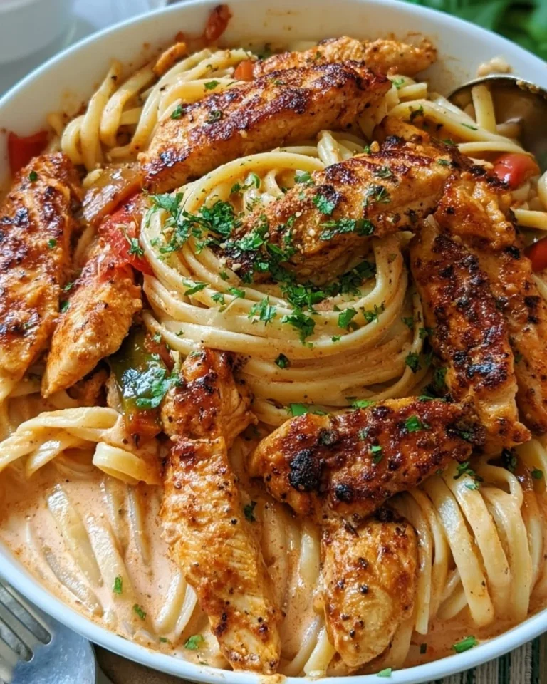 Delicious plate of Cajun Chicken Pasta topped with fresh herbs